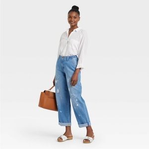 Universal Thread Long-Sleeve Boyfriend Fit Linen Button-Down Shirt in White/XXL